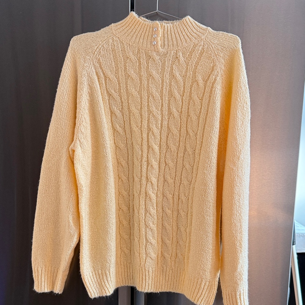 Vintage Butter yellow Cable Knit Sweater with pearl mock neck